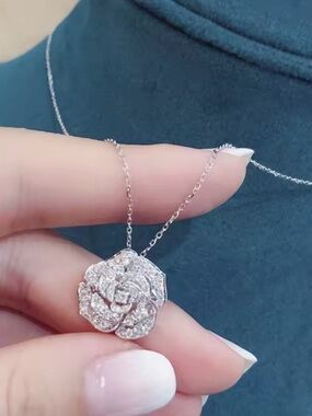 Sterling Silver Crystal Rose Pendant Necklace - new